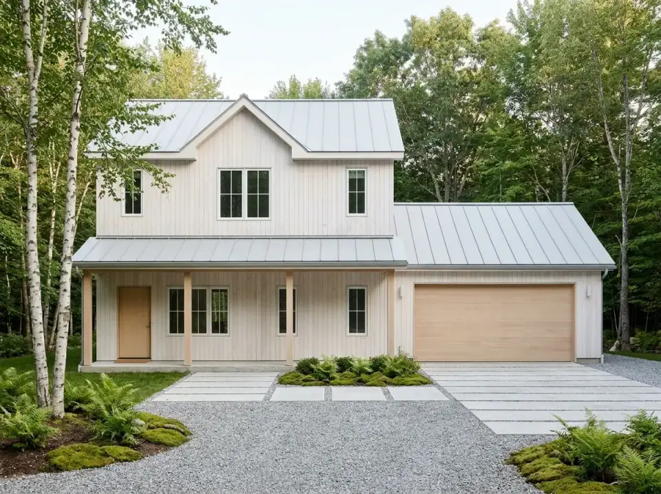 Plan 623644DJ rendered as a Nordic farmhouse with light vertical wood siding, a metal roof, and a naturalistic birch-and-gravel landscape