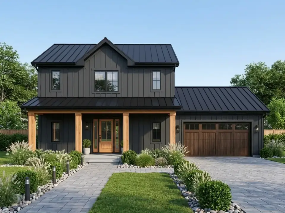 Plan 623644DJ as a dark farmhouse with all-black board-and-batten siding, black metal roof, and natural wood columns and door