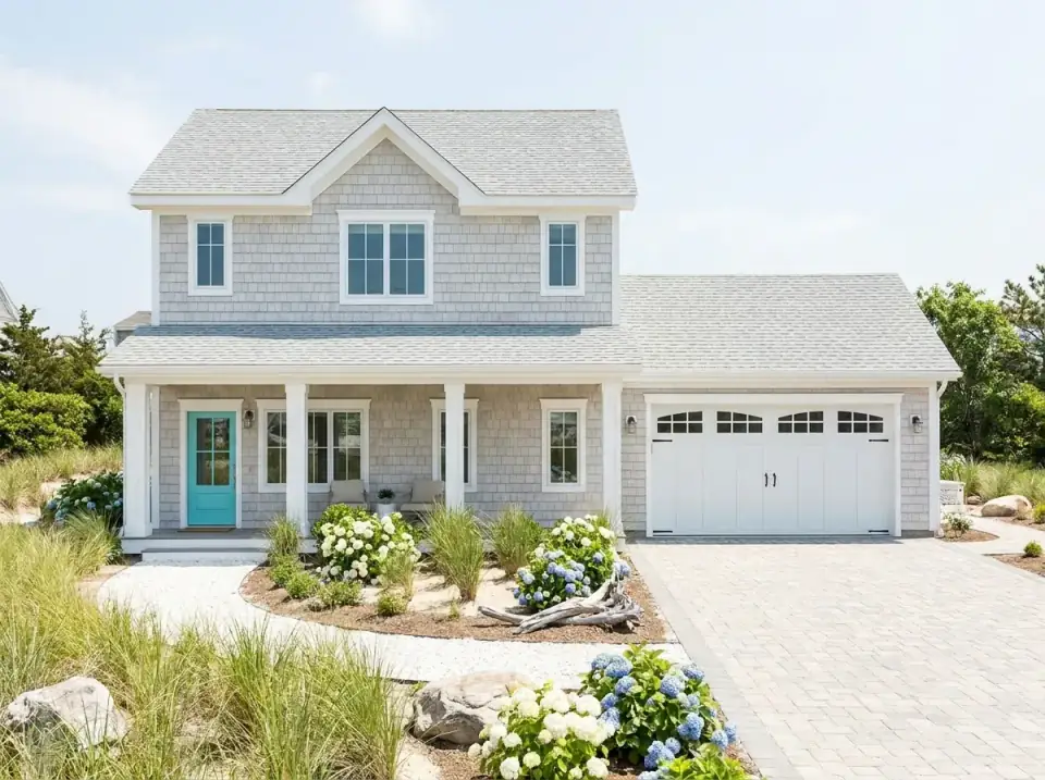 Plan 623644DJ as a coastal cottage in light gray cedar shake siding with white trim, a turquoise front door, and a crushed-shell landscape