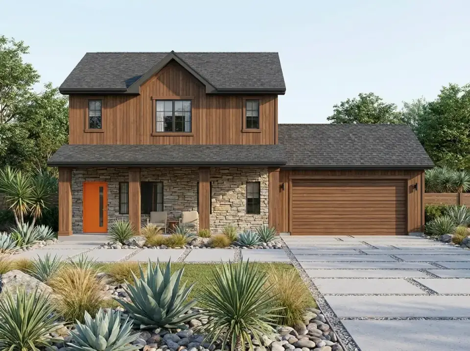 Plan 623644DJ in rustic stone and wood, with stacked stone veneer on the first level, dark vertical wood above, and a desert-inspired landscape