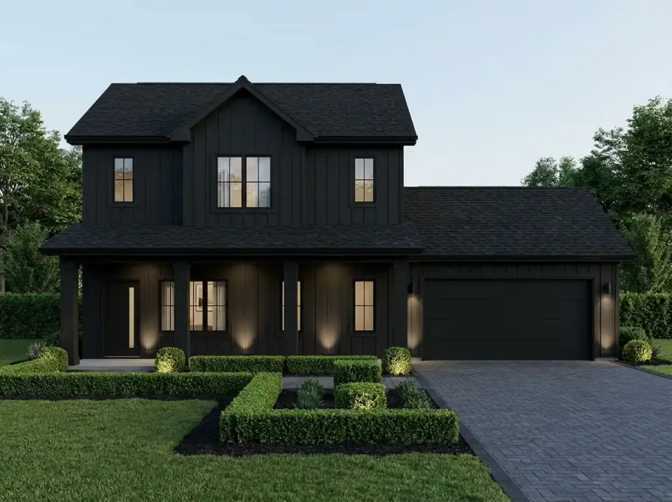 Plan 623644DJ as monochrome noir, finished entirely in black with up-lighting and a geometric boxwood-and-dark-paver landscape