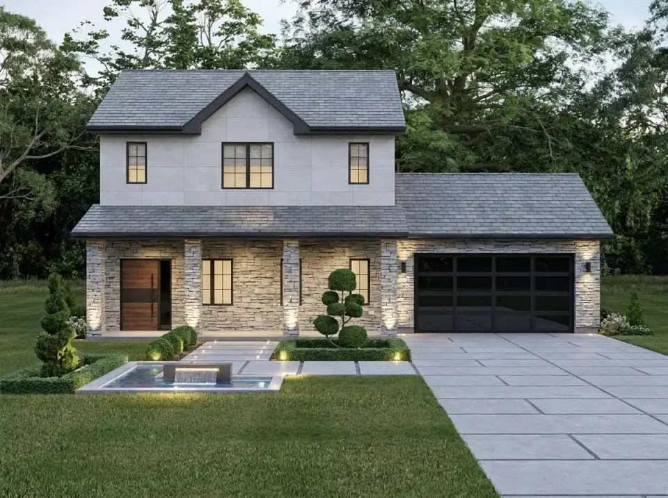 Plan 623644DJ as contemporary stone and tile, with large-format light gray tile above, stacked stone below, a linear water feature, and integrated lighting