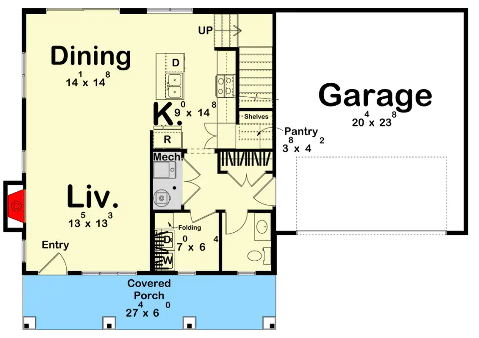 Main floor plan of Plan 623644DJ showing open living, dining, and kitchen with an island, plus a mudroom, laundry, and powder room off the two-car garage