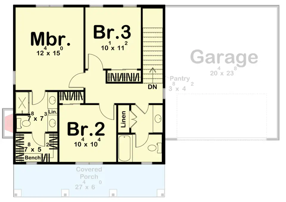 Second floor plan with a master suite featuring dual vanities and a walk-in closet plus two secondary bedrooms sharing a full hall bath