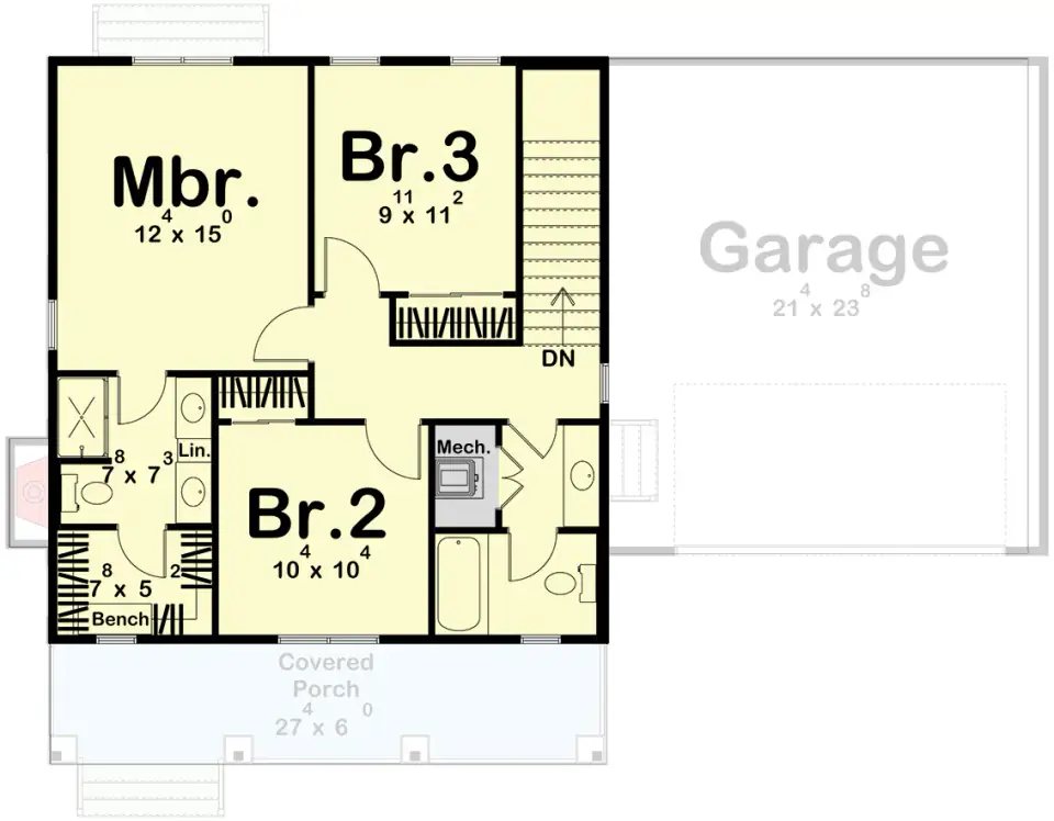 Second floor layout adjusted for the optional basement foundation configuration of Plan 623644DJ