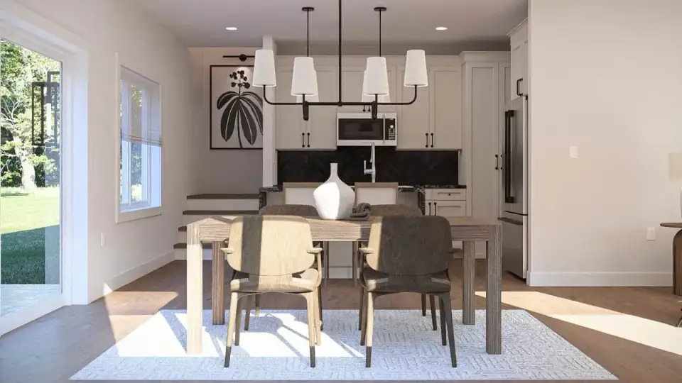 Open-concept living area of Plan 623644DJ centered on a fireplace with the kitchen visible beyond
