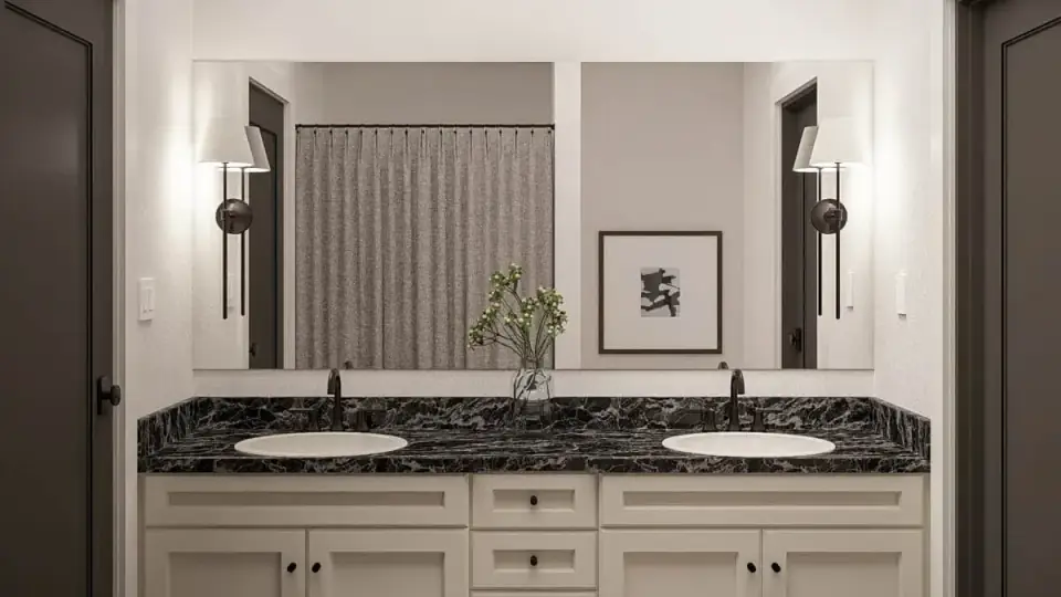 Kitchen rendering with dark lower cabinets, light upper cabinets, patterned backsplash, and a waterfall-edge island