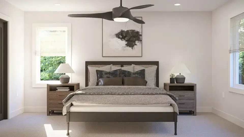 Master suite rendering with natural light and contemporary finishes