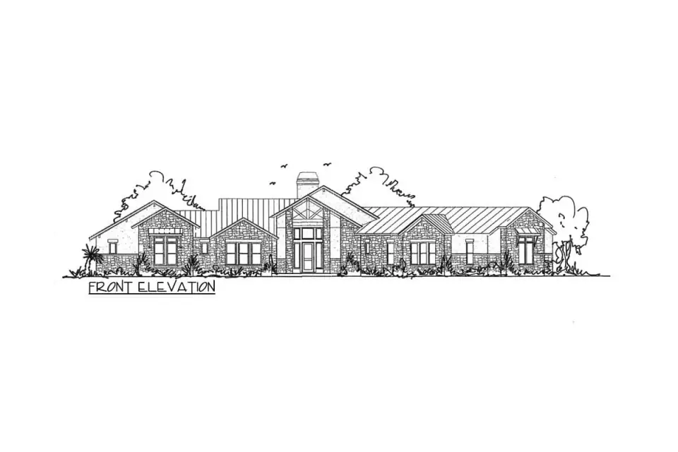Front elevation rendering of Plan 54054LK — a low-slung Southwest Hill Country ranch with board-and-batten siding, stone veneer accents at the base and entry, prominent dark standing-seam metal roof, gabled entryway with timber trusses, shed-roofed window sections flanking the entry, and an angled 3-car garage off the right wing