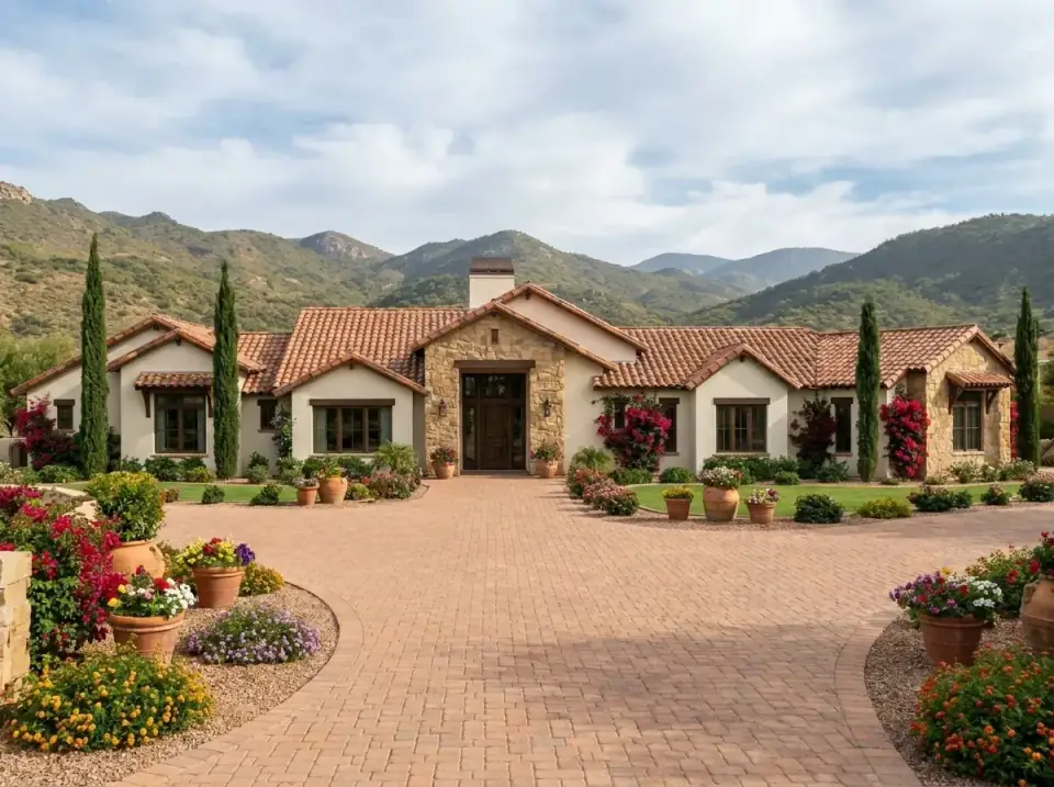 Tuscan Mediterranean facade variant — light stucco walls, multi-toned terracotta tile roof, extensive stone cladding at entryway and gable ends, dark wood window frames, paver driveway leading to a circular motor court, terracotta pots with cypress trees and bougainvillea