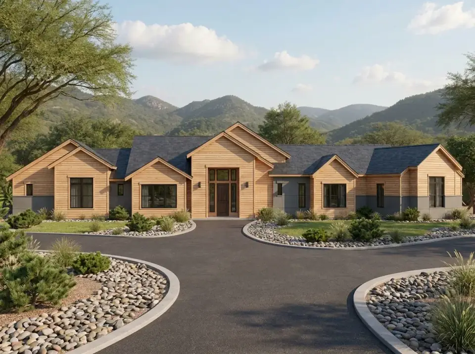 Contemporary Natural Wood facade variant — natural wood cladding as primary material, dark gray panel accents, dark shingle roof, clean window lines, simple gabled forms, asphalt driveway with concrete curbing, river rock beds with low shrubs and native grasses