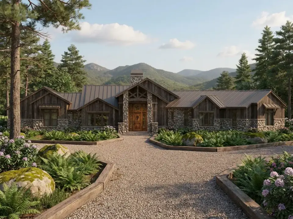 Rustic Mountain Lodge facade variant — dark vertical wood siding, extensive fieldstone veneer on foundation and chimney, dark metal roof, heavy timber framing at entrance, naturalistic landscape with gravel driveway boulders ferns and rhododendrons