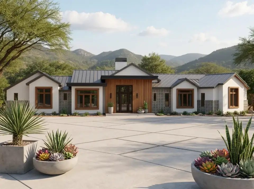 Desert Modern Minimalist facade variant — smooth white stucco walls, vertical wood slat siding at entrance, flat roofline combined with low-pitch metal roof, geometric breeze block detail, large scored concrete driveway and motor court with concrete planters of agave and succulents