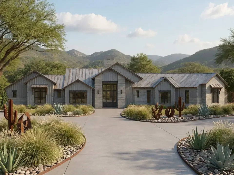 Industrial Ranch facade variant — entire facade clad in corrugated metal siding, dark metal roof, dark window frames, xeriscape landscaping with concrete driveway edged with weathered steel gravel beds cacti and sculptural metal garden art