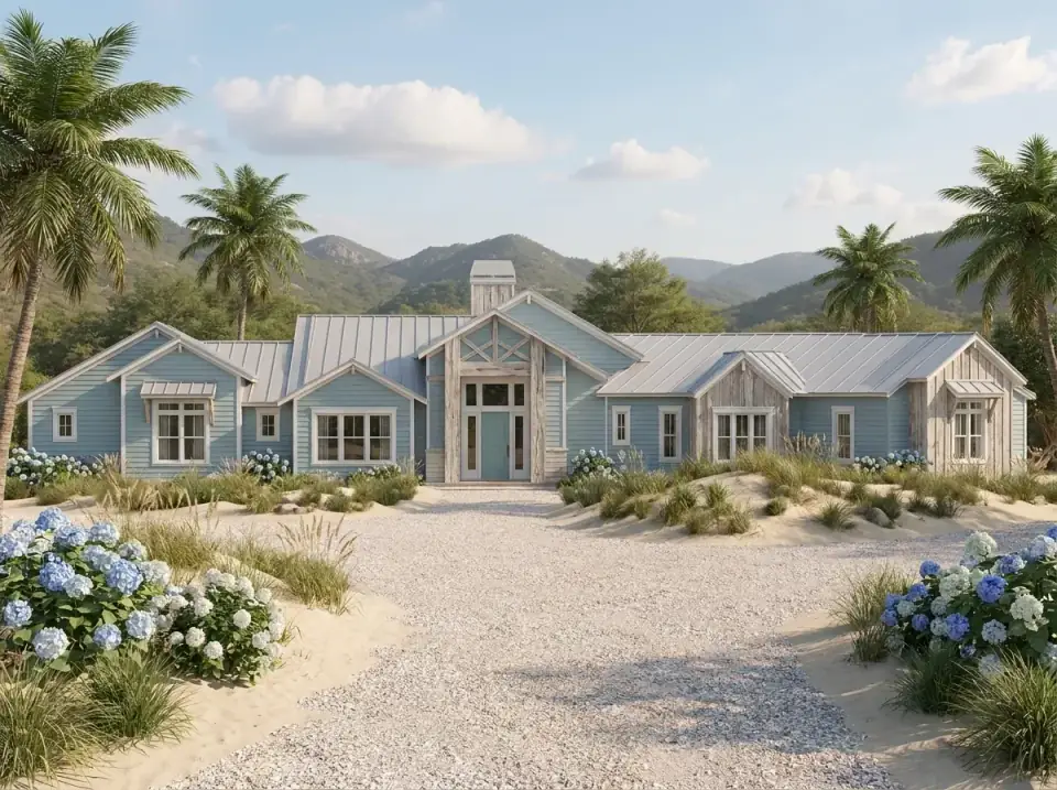Coastal Cottage facade variant — light blue horizontal lap siding with white trim, light-colored metal roof, white accents on timber trusses, sandy beach setting with crushed shell driveway and sand dunes planted with dune grasses hydrangeas and palm trees
