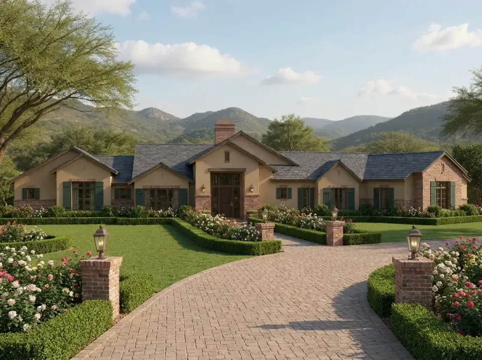Traditional Brick and Stucco facade variant — combination of tan stucco and red brick veneer on wing walls and architectural features, dark slate-look shingle roof, green shutters, traditional coach lights, formal landscaping with paver driveway brick pillars with lanterns boxwood hedges and rose gardens