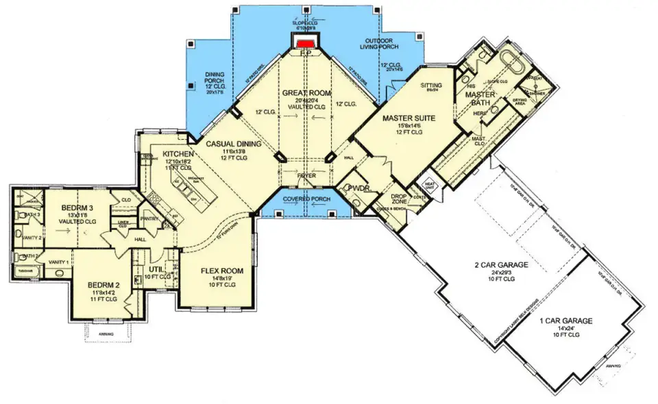 Main level floor plan for Plan 54054LK — 124 by 76-foot single-story Southwest ranch with split-bedroom configuration, two-story vaulted great room, open-concept kitchen with walk-in pantry and casual dining, separate screened dining porch, master suite with sitting area on the right wing, two secondary bedroom suites with private baths and a flex room on the left wing, mudroom drop zone, powder room, utility room, and angled 3-car garage