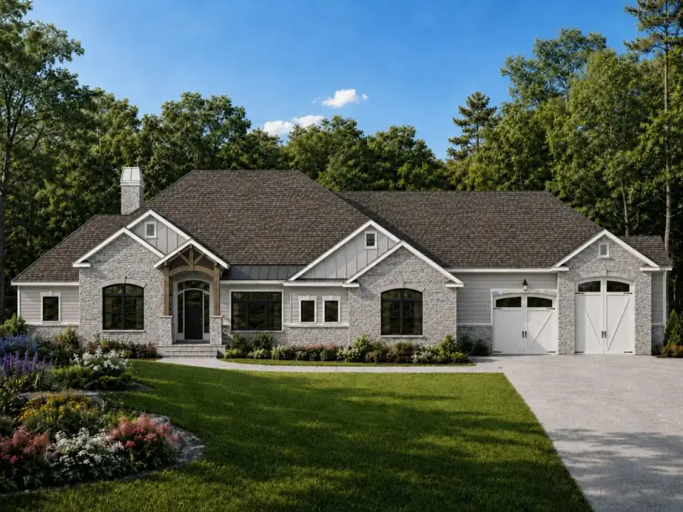 Front exterior rendering of grand farmhouse Plan 849098PGE with multiple front-facing gables, mixed siding and stone, dark window units, and a timber-truss covered entry porch