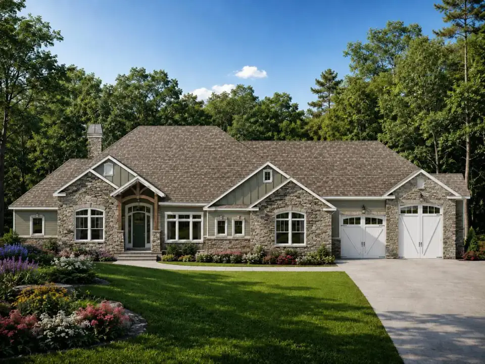 Angled exterior view of Plan 849098PGE showing the garage wing repeating the gable motif to balance the long facade