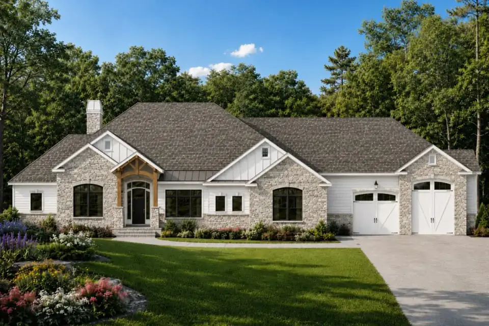 Rear exterior of Plan 849098PGE showing the walkout basement opening to grade with a covered patio below the main-level covered deck