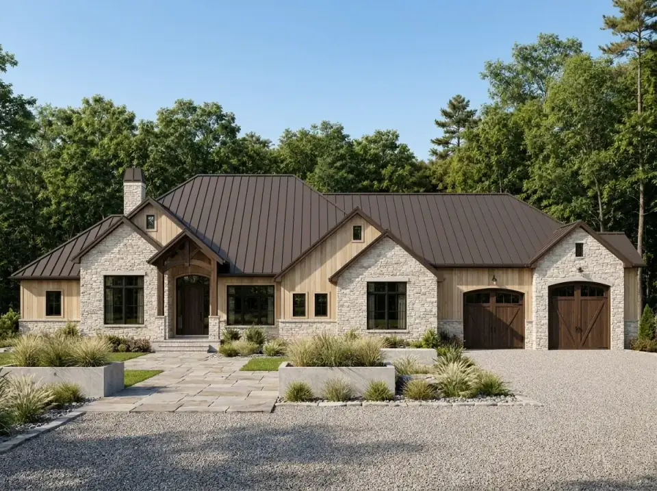 Modern rustic facade option for Plan 849098PGE with light ashlar stone, natural wood siding, a dark bronze standing-seam metal roof, and a low-maintenance gravel-and-grasses foreground