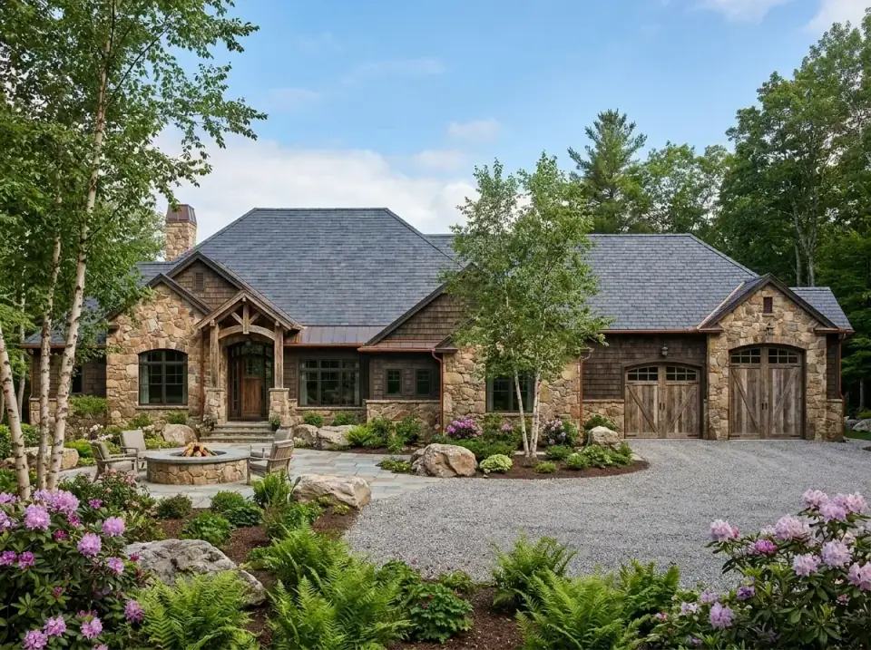 Lodge style facade option for Plan 849098PGE with heavy fieldstone, cedar shake siding, a slate-blue roof, mature birches and a fieldstone fire pit
