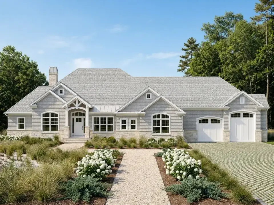 Coastal farmhouse facade option for Plan 849098PGE with pale gray shake shingles, white trim, a light composite roof, hydrangea masses, and a permeable paver drive