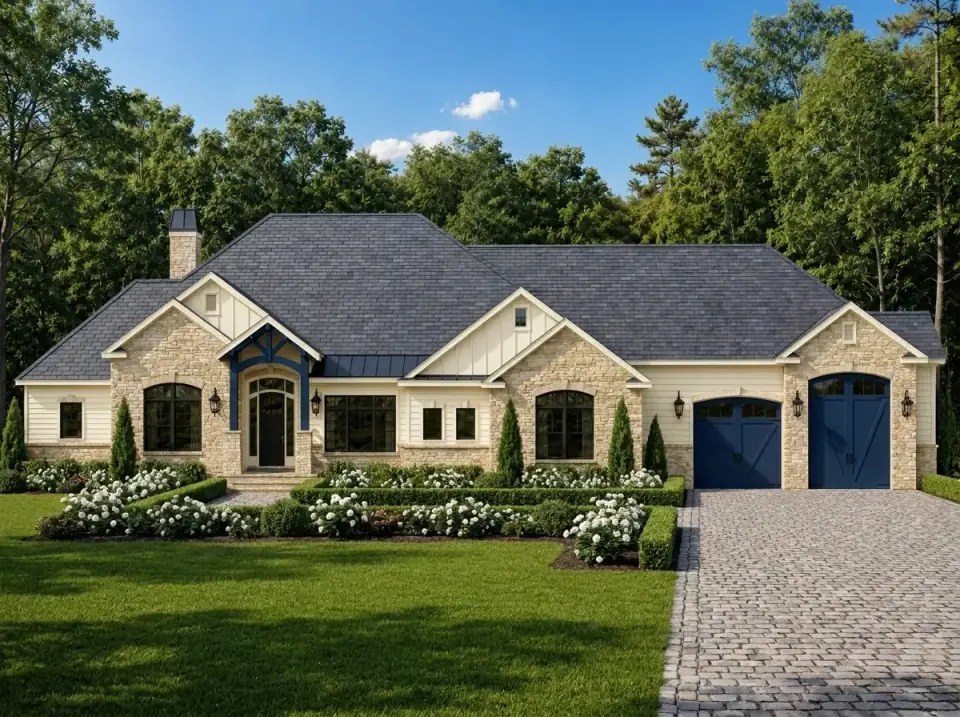 French country formal facade option for Plan 849098PGE with buff stone, cream siding, navy garage doors, boxwood parterres and a cobblestone drive