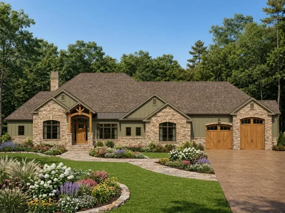 Craftsman cottage facade option for Plan 849098PGE with caramel stone, olive board-and-batten siding, natural wood garage doors, and a curved flagstone path through perennial beds
