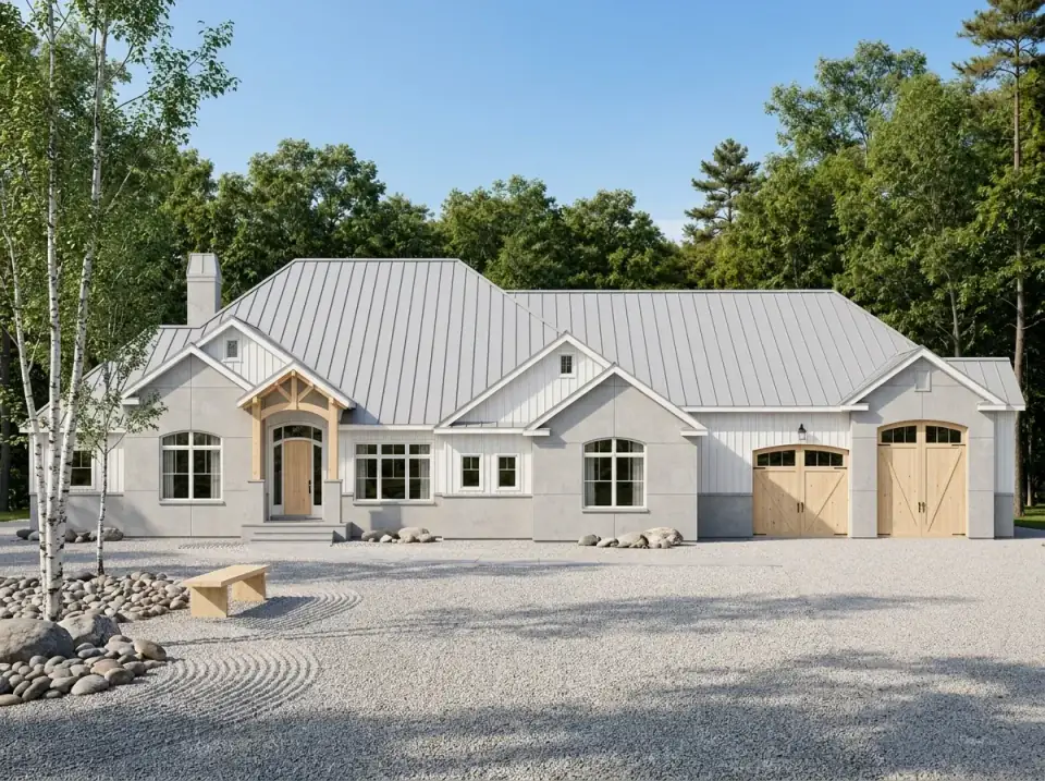 Nordic minimalist facade option for Plan 849098PGE with light gray stucco and board-and-batten, a pale metal roof, a raked-gravel courtyard, and paper birch trees