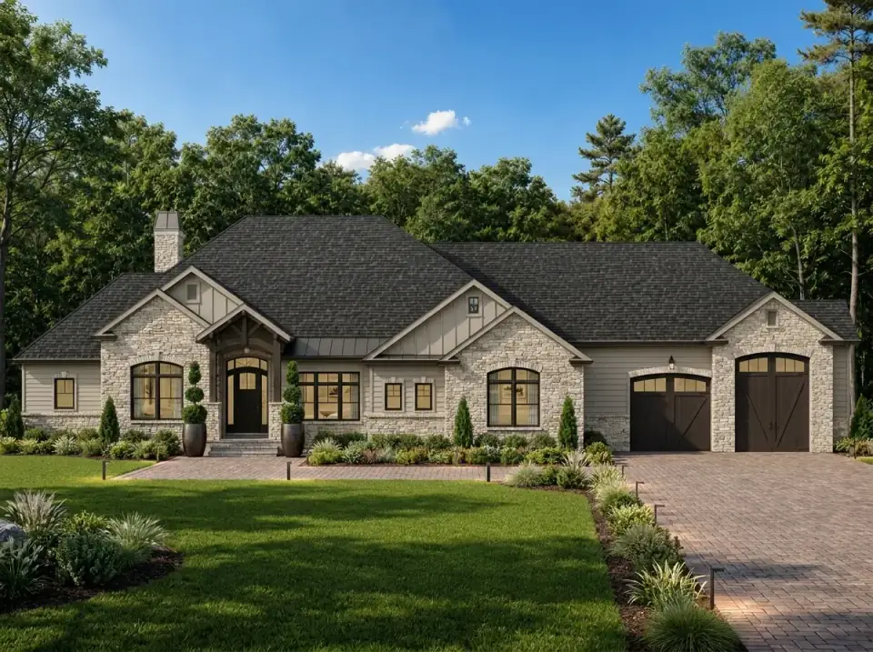 Transitional estate facade option for Plan 849098PGE with light stone, taupe siding, a black shingle roof, black garage doors, a brick paver drive and symmetrical topiary