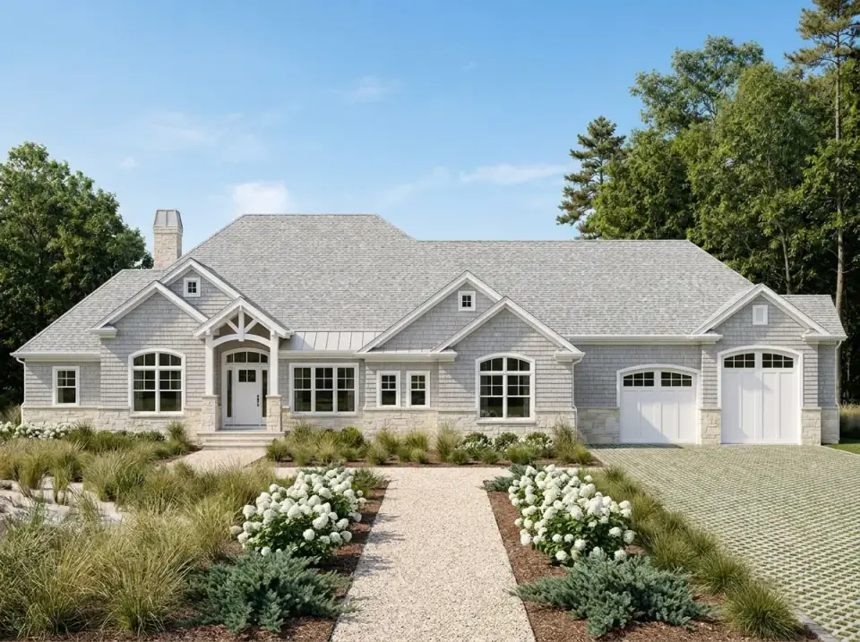 Light Gray Farmhouse with Stone Walk and White Gardens