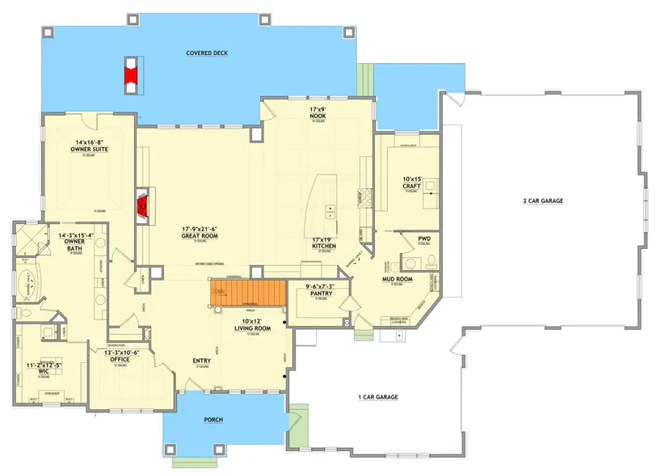 Main level floor plan of grand farmhouse Plan 849098PGE showing the central great room and kitchen, left-wing primary suite, front office and living room, right-wing service core with mud room, pantry and craft room, and the five-car garage