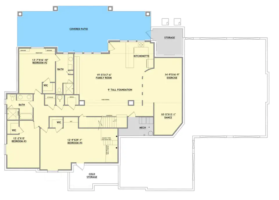 Walkout basement floor plan of Plan 849098PGE showing a large family room, kitchenette, exercise room, dance studio, three bedrooms, two full baths, cold storage, and a covered rear patio