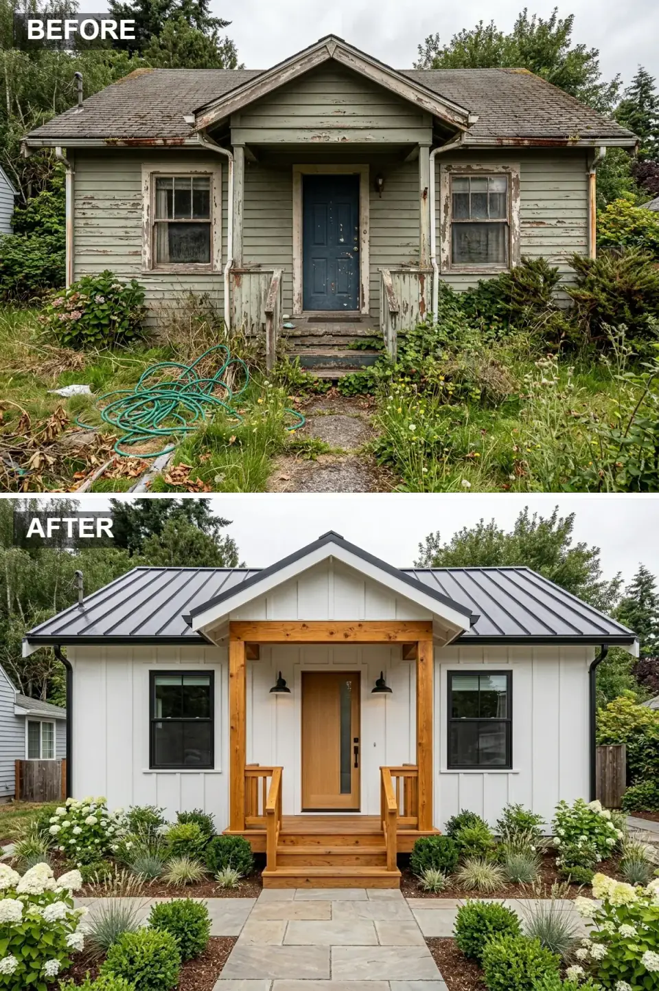 700-square-foot cottage transformed into modern farmhouse with dark standing-seam metal roof, crisp white James Hardie board-and-batten siding, substantial natural cedar porch columns and railings, black-framed windows, hydrangea and ornamental grass landscaping, and large flagstone walkway pavers