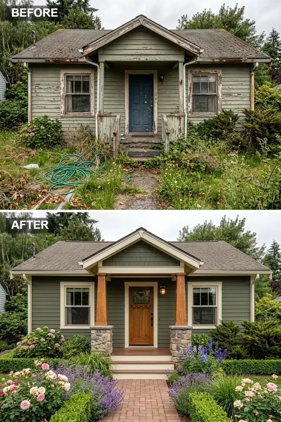 Cottage restored to historic Craftsman bungalow with deep muted olive green horizontal James Hardie clapboard siding, creamy off-white painted trim, substantial fieldstone-base tapered wood porch columns, beautiful Craftsman wood front door with stained glass insert, brick paver herringbone walkway, and lush layered cottage garden of roses and delphiniums