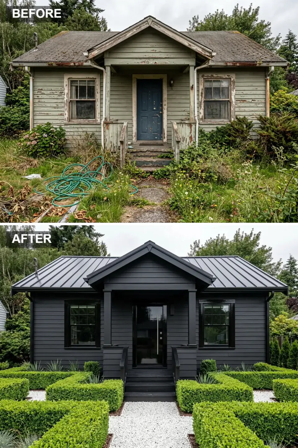 Cottage transformed into striking modern monolith with uniform matte black horizontal fiber-cement siding, matching black trim, black architectural shingle roof, sleek black flat-slab front door, simplified clean-lined black porch railings, highly structured geometric garden of bright white pebble pathways, manicured boxwood hedges, and concrete pavers