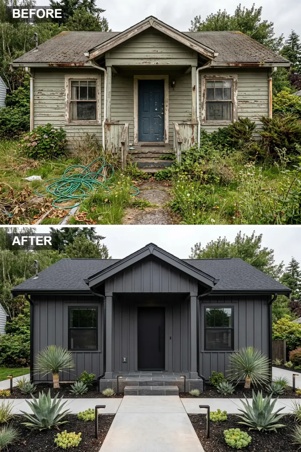 Same 700-square-foot cottage in monochromatic dark scheme with deep charcoal vertical board-and-batten fiber-cement siding, matching dark architectural shingle roof, simplified dark square porch columns, sleek minimalist black slab door, large concrete paver walkway, and architectural drought-tolerant agave and yucca plantings