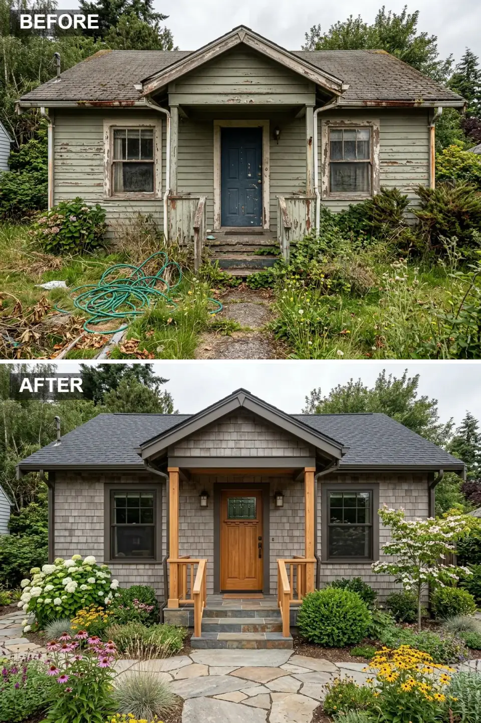 Cottage transformed into Craftsman style with hand-split natural Western red cedar shake siding, fieldstone veneer at the porch foundation and step risers, new wood porch railings and tapered columns, Craftsman-style wood entry door with dentil shelf and stained glass insert, and lush cottage garden of hydrangeas, echinacea, and a winding flagstone path