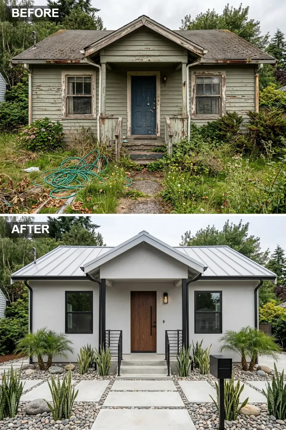 Cottage modernized with smooth-troweled three-coat light grey stucco exterior, low-profile light Galvalume metal roof, minimalist black powder-coated steel porch railings, sleek flat-panel solid American walnut door, geometric concrete paver walkway set in dark river stones, and architectural snake plant and pygmy date palm landscaping