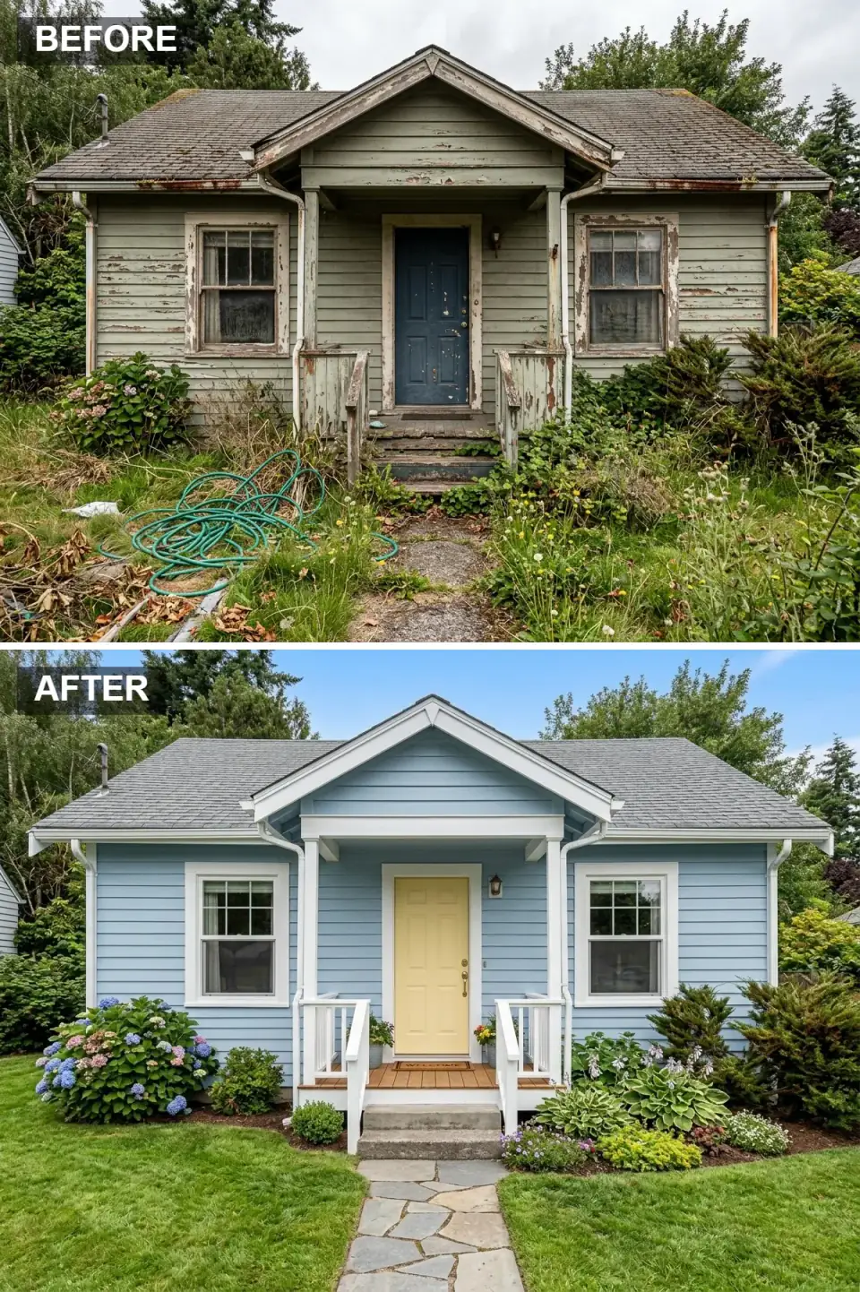 Cottage transformed into traditional cottage style with soft greyed-out sky blue horizontal lap siding, grey architectural shingle roof, crisp white painted porch and trim, six-panel wood front door painted buttercup yellow, abundant cottage garden of hydrangeas and hostas, and irregular flagstone path