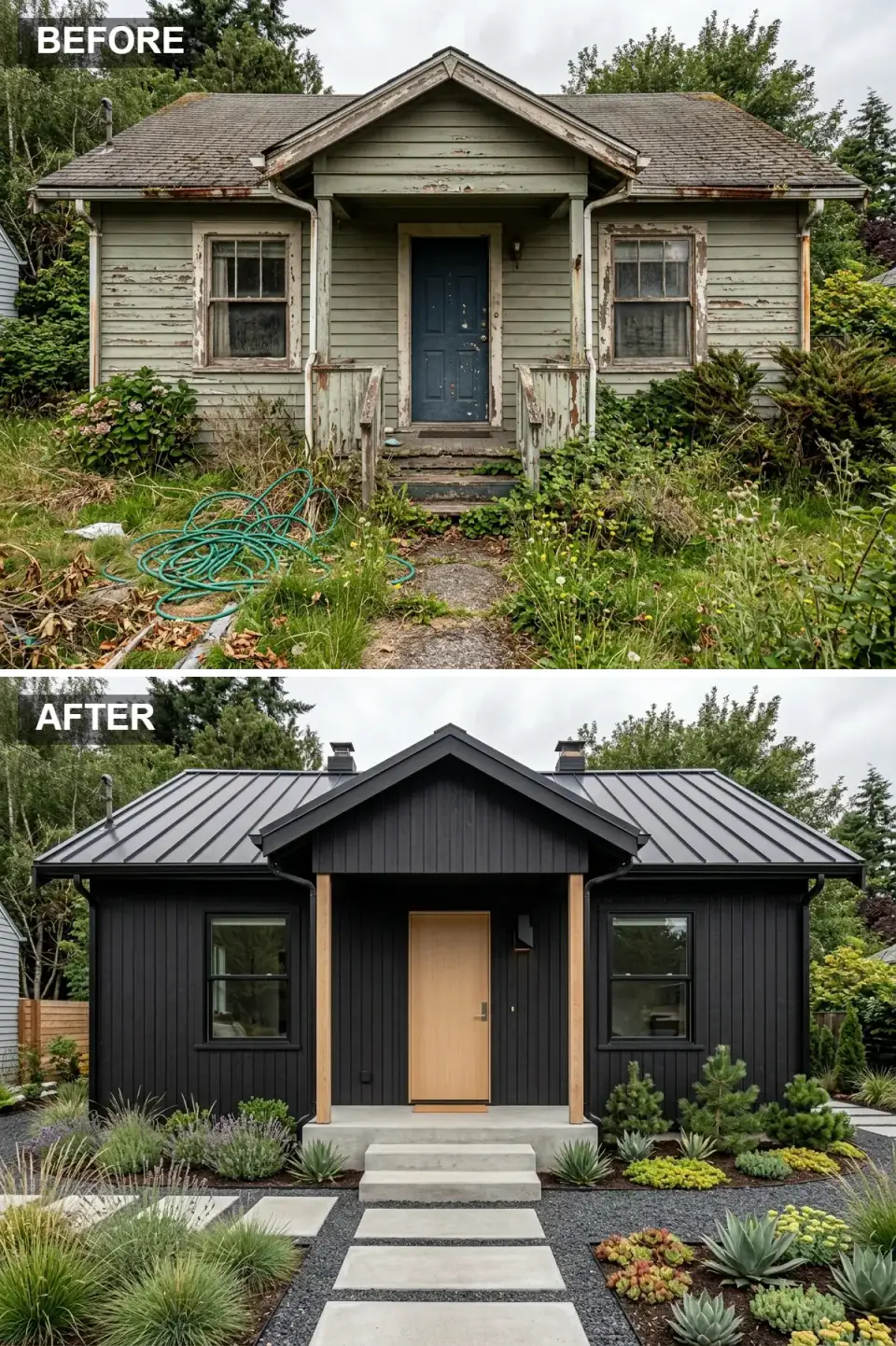 Cottage reinvented as Nordic black cabin with shou sugi ban-influenced matte black vertical wood siding, matching black standing-seam metal roof, pale blonde cedar porch column cladding and flush-panel entry door, cast concrete steps and pavers, gravel and lavender minimalist landscaping