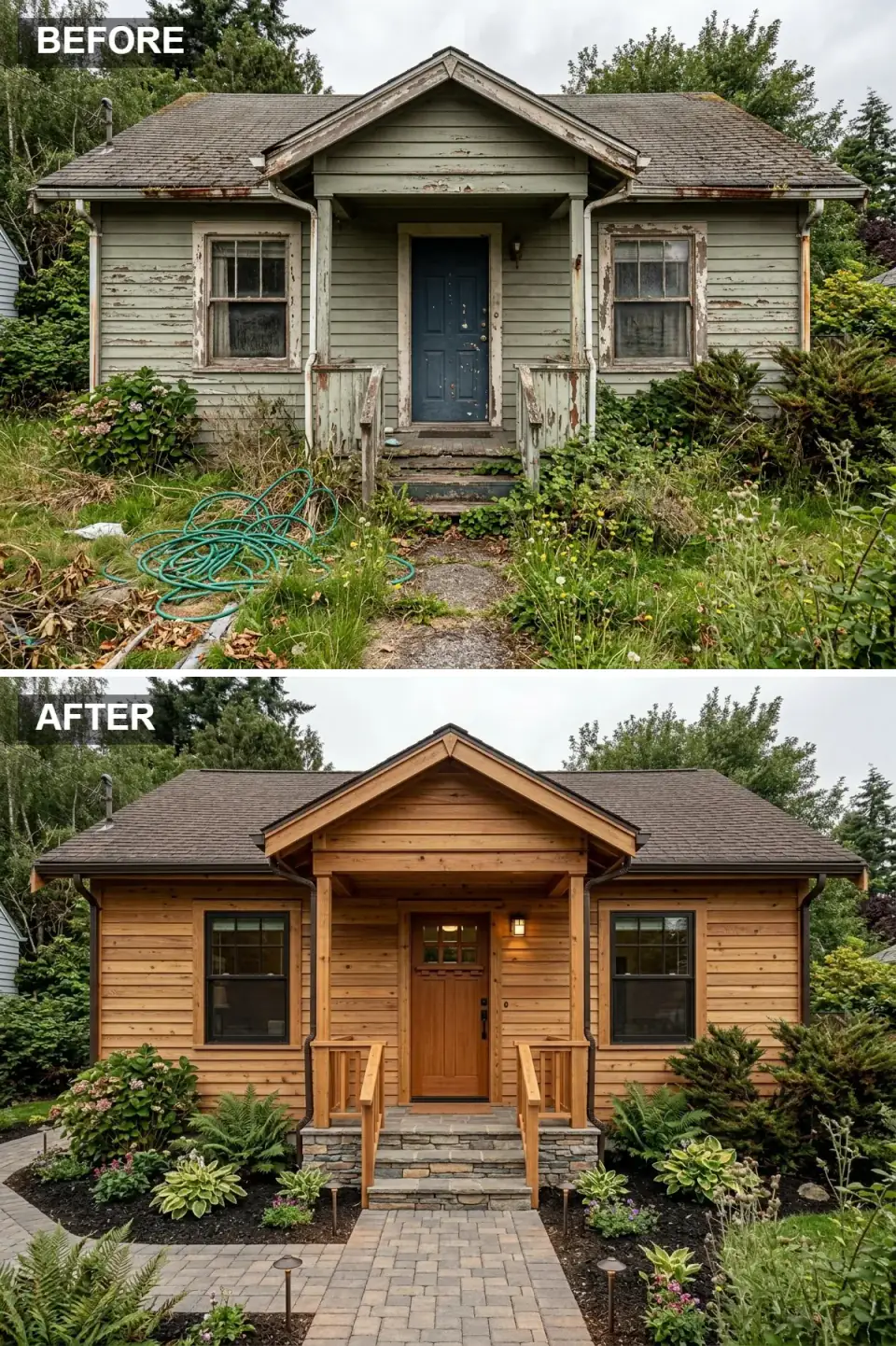 Cottage rebuilt as rustic cabin with horizontal natural pine clapboard wood siding in warm golden-brown, rugged stacked stone veneer at porch foundation and step risers, new natural wood porch railings, Craftsman-style wood door with glass panels, ferns and hostas in shaded landscaping, and irregular paver pathway