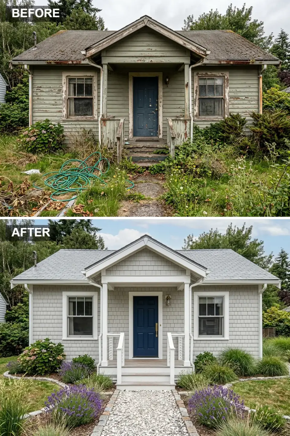 Cottage reinvented as coastal style with light driftwood-grey solid-stained Western red cedar shake siding, light grey architectural shingle roof, freshly rebuilt crisp white painted porch railings and tapered columns, classic six-panel front door painted deep navy blue, crushed oyster-shell walkway bordered by granite cobblestones, and lavender and dune grass plantings