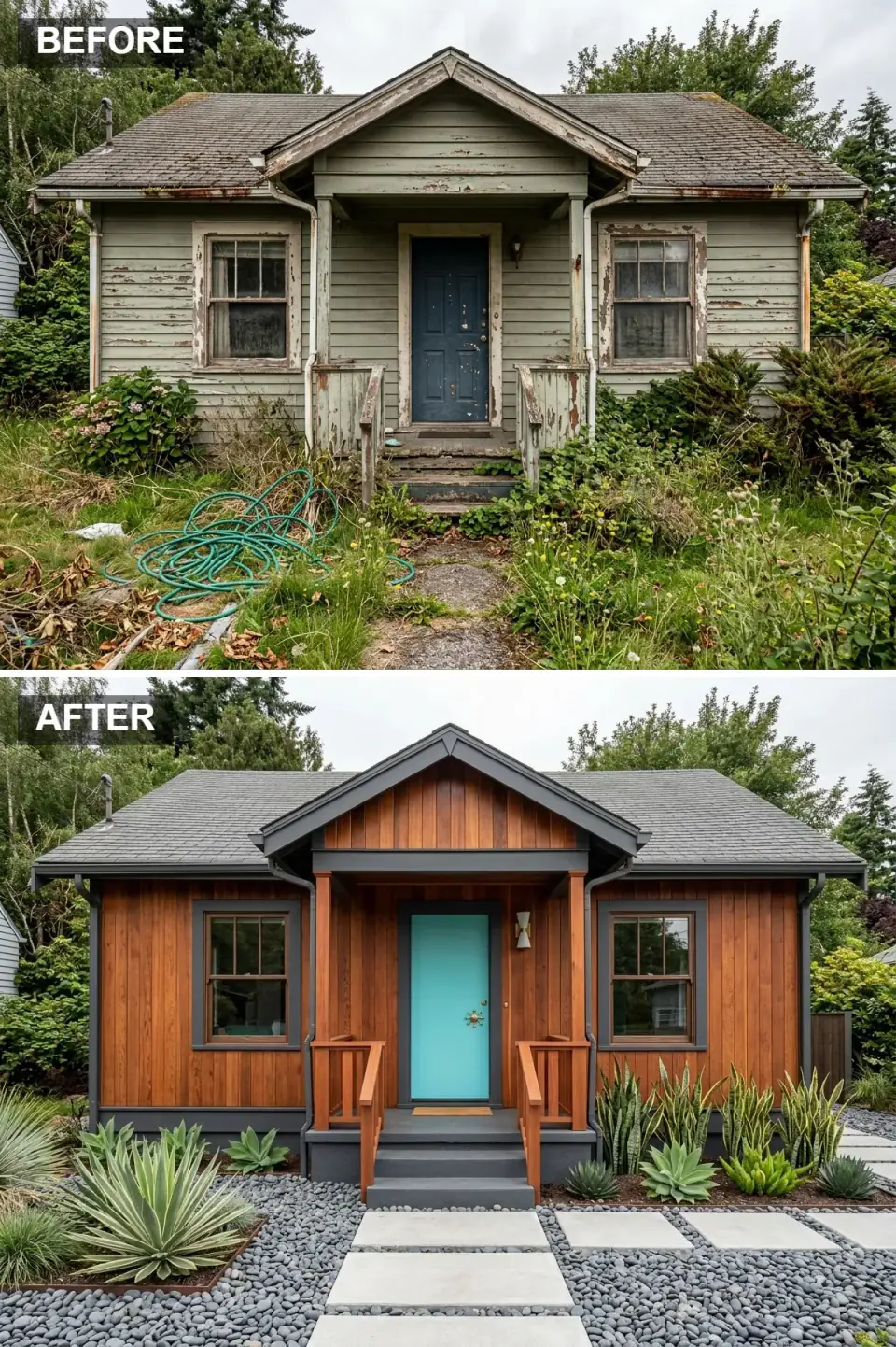 Cottage reinvented as mid-century modern with warm reddish-brown vertical clear-grade redwood siding, charcoal grey painted trim and horizontal belly band, simple wood porch railings, vibrant turquoise flat-panel slab front door, river stone bed with concrete pavers, and architectural agave and snake plant landscaping