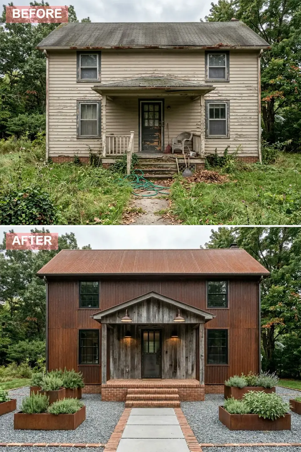 Gable-front home re-clad in vertical rusted corrugated metal siding with a reclaimed-timber porch, black-framed windows, and a crushed-gravel front yard with corten planters