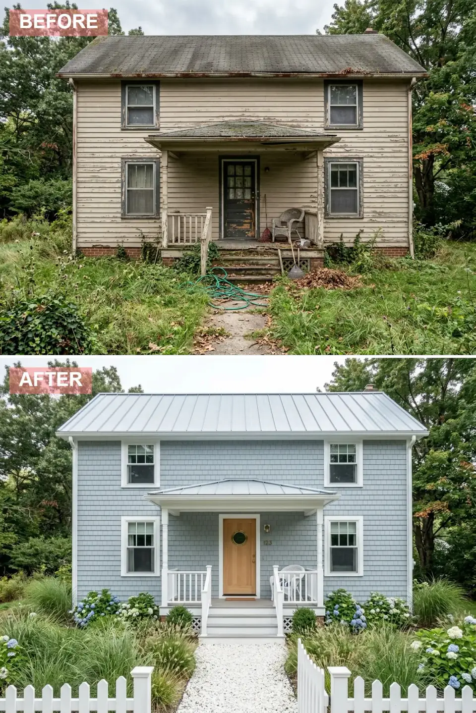 Same gable home reimagined as a coastal cottage in soft blue cedar shakes with crisp white trim, a light-gray standing-seam metal roof, and a natural wood porthole front door