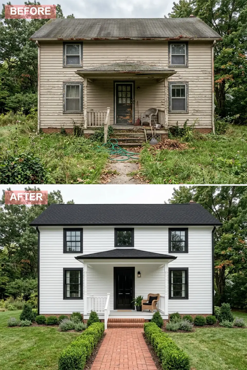 Gable home painted crisp white with stark black trim, black window sashes, a black shingle roof and front door, framed by manicured boxwood hedges and a brick path