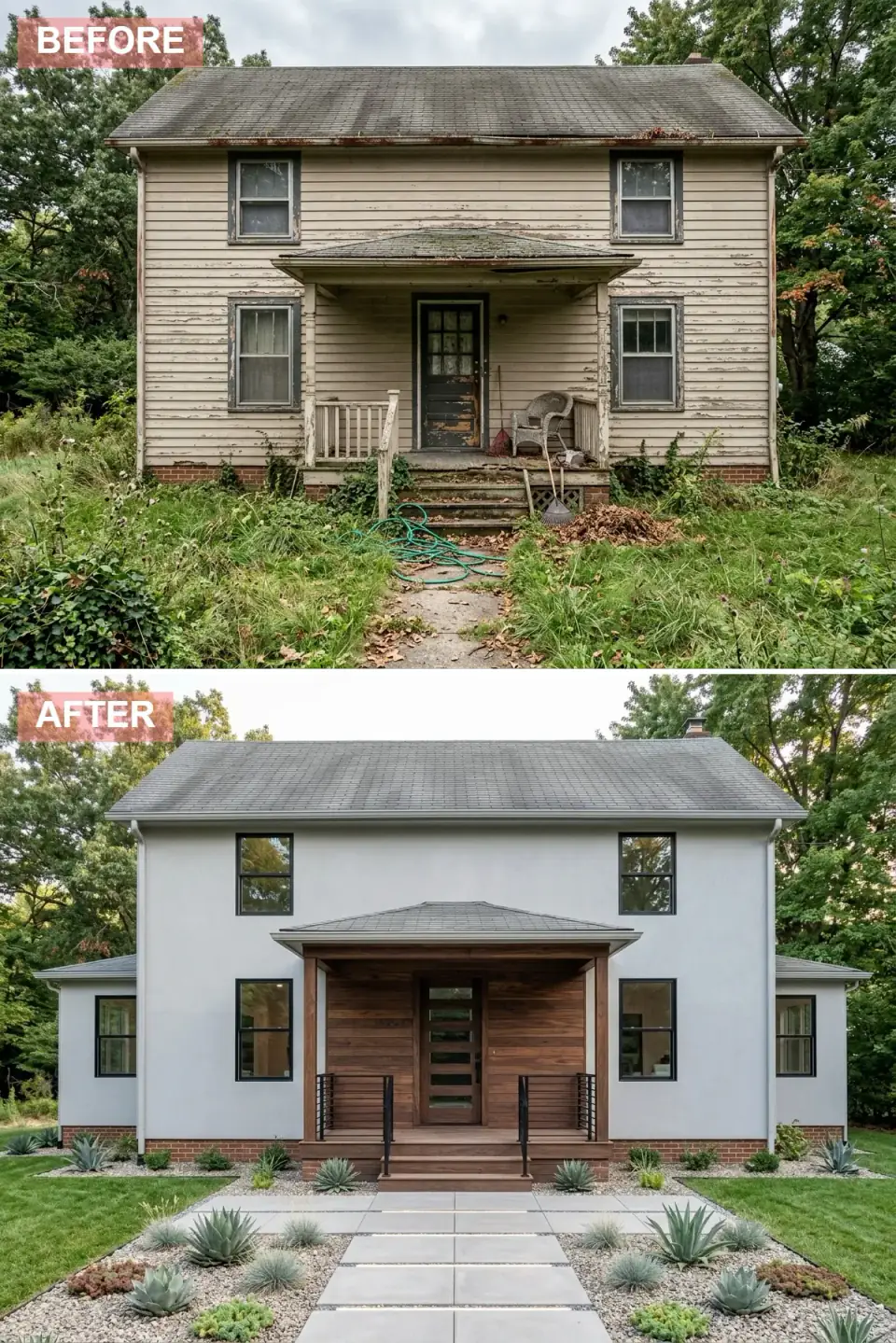 Gable box refaced in smooth light-gray stucco with a walnut-clad porch alcove, large black-framed casement windows with no muntins, and a minimalist black cable railing