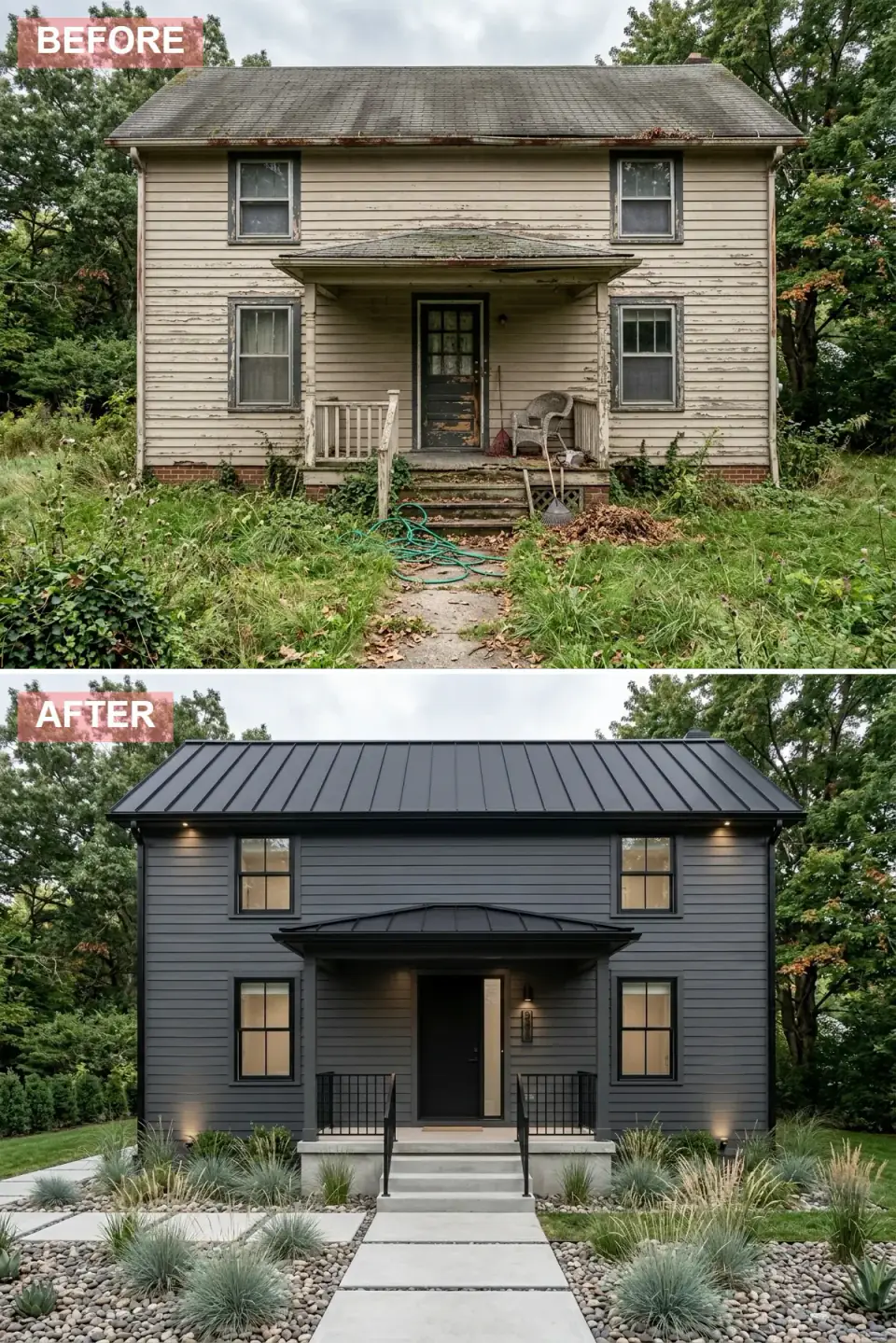 Gable home re-sided in smooth charcoal-gray horizontal planks with a black standing-seam roof, matte-black windows and door, a simple concrete stoop, and ornamental grasses in river stone
